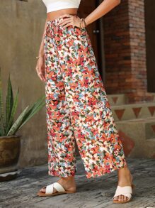 SHEIN VCAY 滿版印花腰部抽繩闊腿褲 - 橘色 - 查看 1