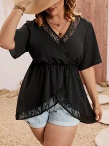 SHEIN Holidaya Plus Contrast Lace Peplum Blouse - Black - View 3