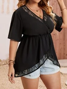 SHEIN Holidaya Plus Contrast Lace Peplum Blouse - Black - View 5