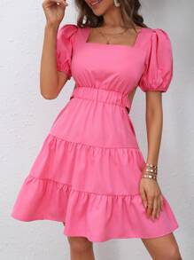 Soleia Square Neck Puff Sleeve Tie Back Ruffle Hem Dress - Pink - View 3