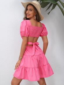 Soleia Square Neck Puff Sleeve Tie Back Ruffle Hem Dress - Pink - View 4