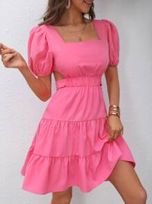 Soleia Square Neck Puff Sleeve Tie Back Ruffle Hem Dress - Pink - View 1