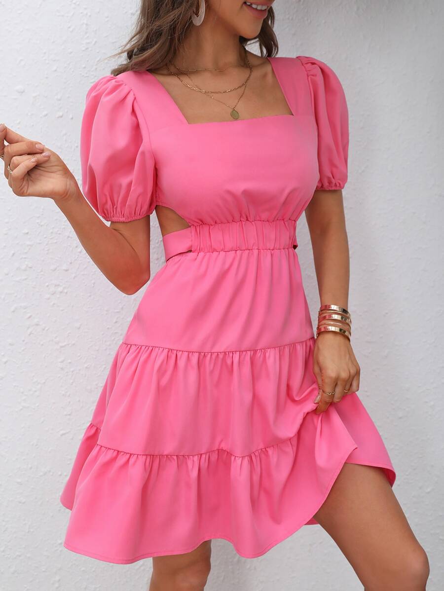 Soleia Square Neck Puff Sleeve Tie Back Ruffle Hem Dress - Pink - View 1