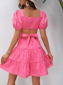 Soleia Square Neck Puff Sleeve Tie Back Ruffle Hem Dress - Pink - View 2