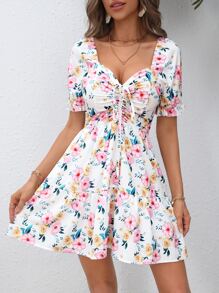 SHEIN VCAY Floral Print Knot Front Dress - White - View 4