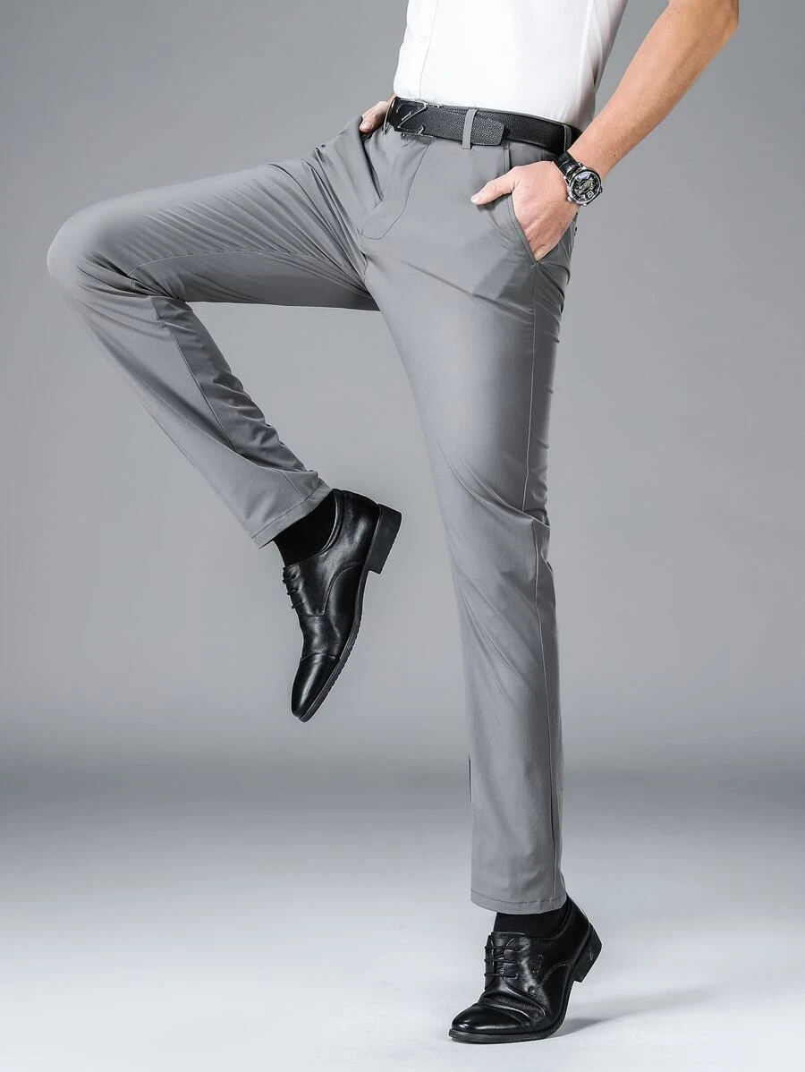 Men Suit Pants Nút Túi Dây kéo màu trơn - Xám - Xem 1