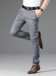 Men Suit Pants Nút Túi Dây kéo màu trơn - Xám - Xem 3
