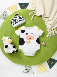 Em bé Áo liền quần chặt In hoa bò Thiết kế 3D - trắng - Xem 1