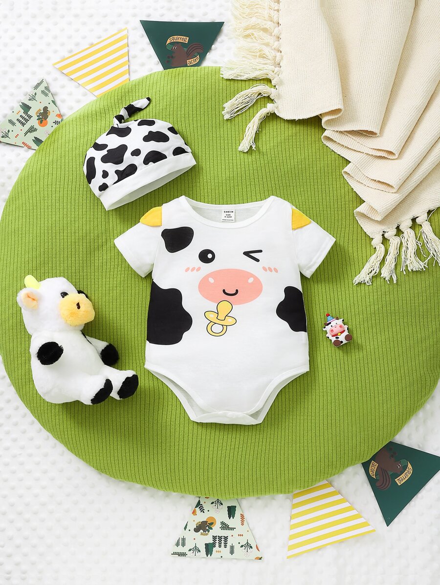 Em bé Áo liền quần chặt In hoa bò Thiết kế 3D - trắng - Xem 1