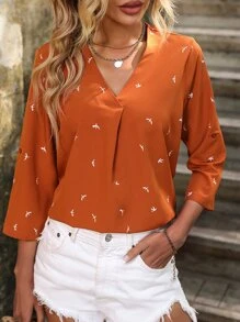 SHEIN LUNE Graphic Print Roll Up Sleeve Blouse