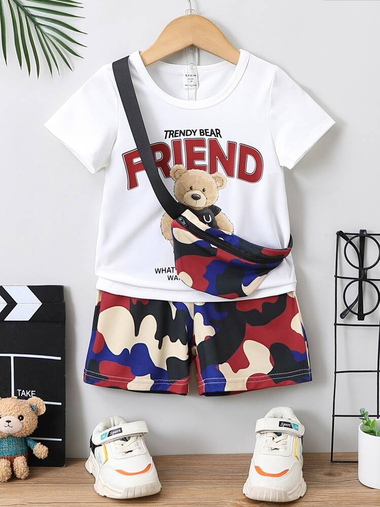 เสื้อยืด เด็กเล็กผู้ชาย ลายหมี และ ลายตัวอักษร และ กางเกงขาสั้น และ กระเป๋า - มัลติคัลเลอร์ - ดู 1