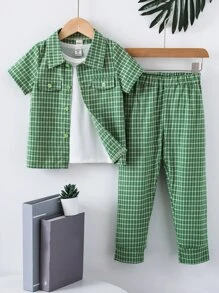 小男童格紋印花襯衫和褲子和T恤