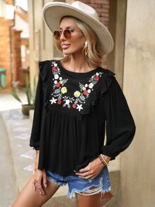 SHEIN VCAY Floral Embroidery Ruffle Trim Blouse - Black - View 3