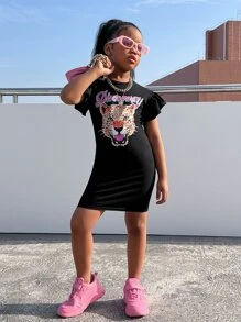 SHEIN Đầm Gái Xù Hoạt hình Lá thư Giải trí - màu đen - Xem 6