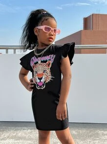 SHEIN Đầm Gái Xù Hoạt hình Lá thư Giải trí - màu đen - Xem 3