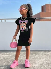 SHEIN Đầm Gái Xù Hoạt hình Lá thư Giải trí - màu đen - Xem 4