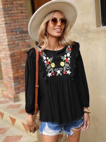 SHEIN VCAY Floral Embroidery Ruffle Trim Blouse - Black - View 4