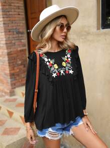 SHEIN VCAY Floral Embroidery Ruffle Trim Blouse - Black - View 5