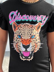 SHEIN Đầm Gái Xù Hoạt hình Lá thư Giải trí - màu đen - Xem 5