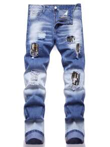 Men Ripped Zipper Pocket Jeans - Medium Wash - View 1