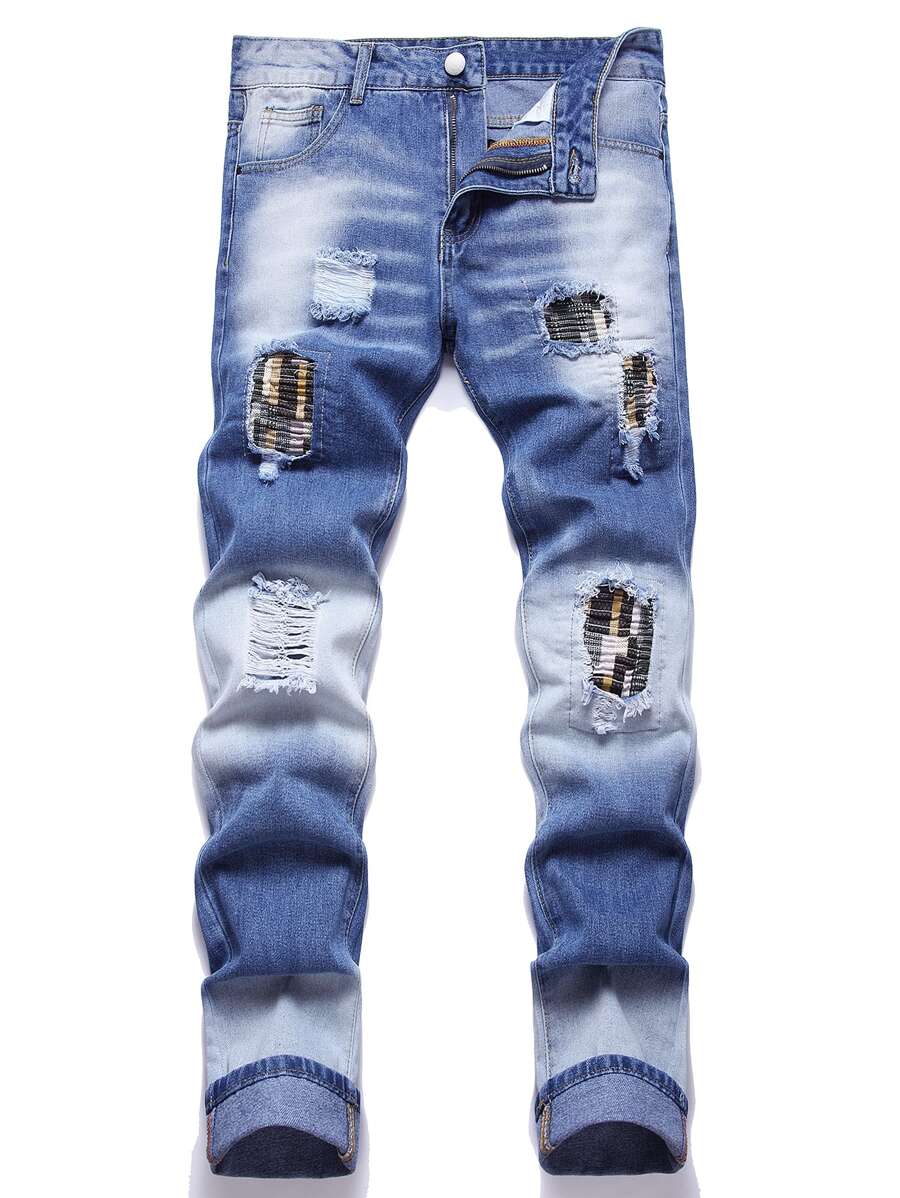 Men Ripped Zipper Pocket Jeans - Medium Wash - View 1