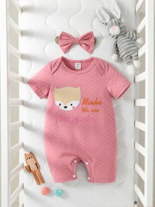 寶寶女孩圓點和卡通圖案連體衣配飾頭帶 - 粉色 - 查看 1