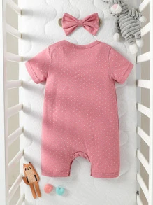 寶寶女孩圓點和卡通圖案連體衣配飾頭帶 - 粉色 - 查看 2