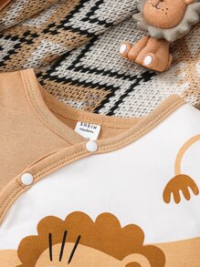 SHEIN Đứa bé trai Hoạt hình Sư tử Đồ họa Romper & Mũ - Nhiều màu - Xem 5