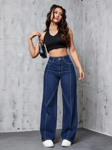 SHEIN EZwear Quần jean nữ Nút Túi Dây kéo màu trơn - Rửa tối - Xem 1