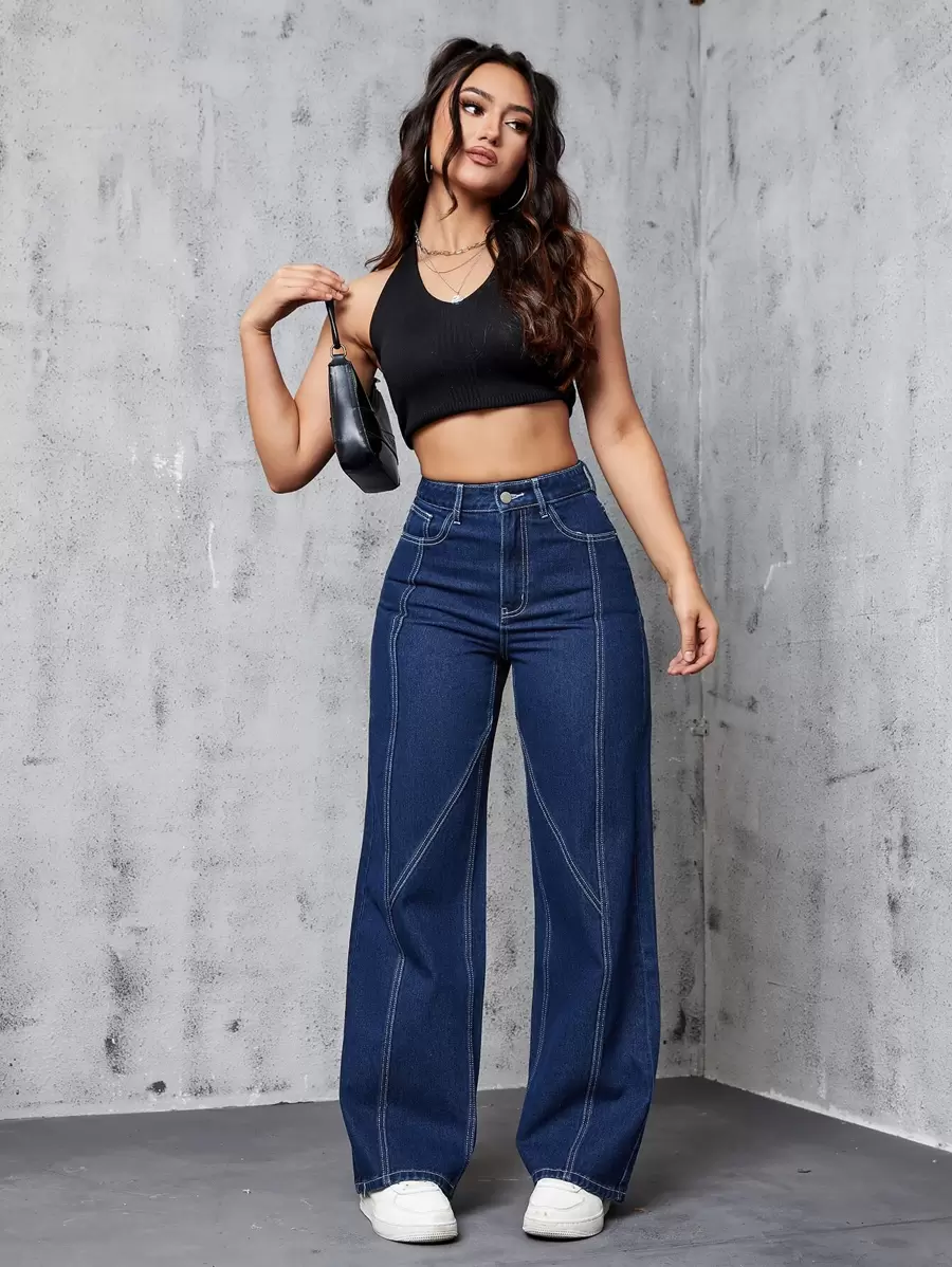 SHEIN EZwear Quần jean nữ Nút Túi Dây kéo màu trơn - Rửa tối - Xem 1
