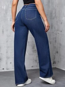 SHEIN EZwear Quần jean nữ Nút Túi Dây kéo màu trơn - Rửa tối - Xem 2