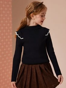 Suéter con ribete de volantes en contraste para niña preadolescente - Negro - Ver 1