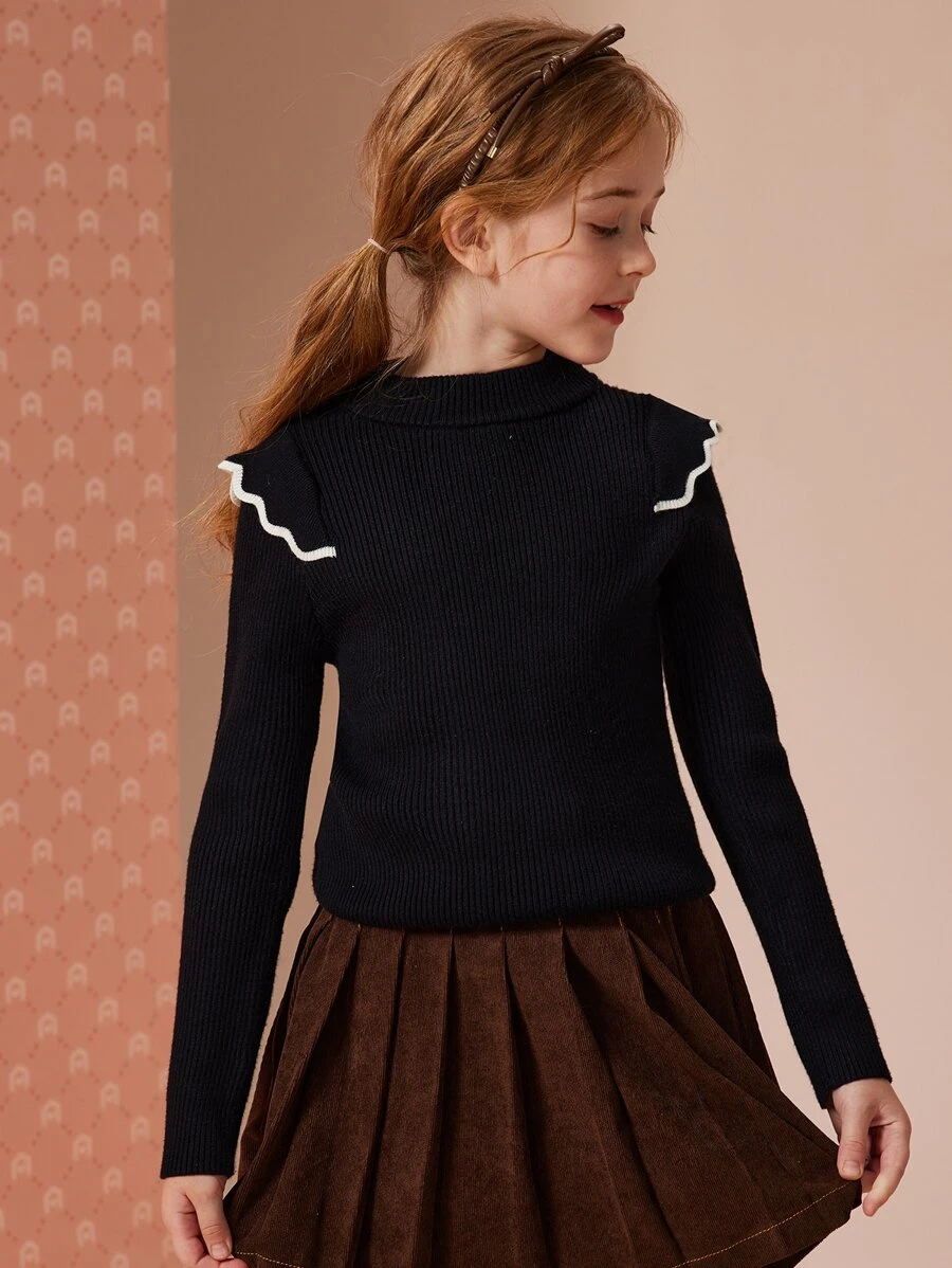 Suéter con ribete de volantes en contraste para niña preadolescente - Negro - Ver 1