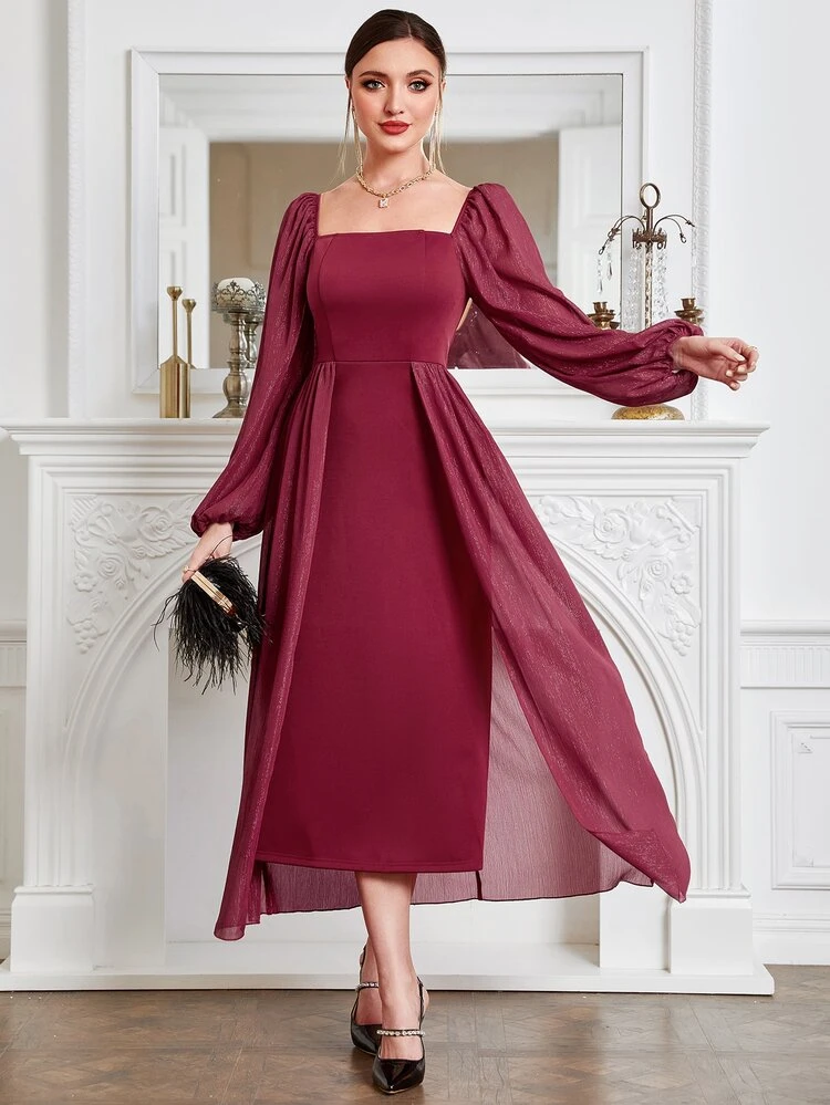 red lantern sleeve dress Plus Plunging Neck Lantern Sleeve High Slit Dress
