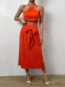 SHEIN VCAY Tie Backless Halter Top & Split Thigh Skirt - Red - View 3