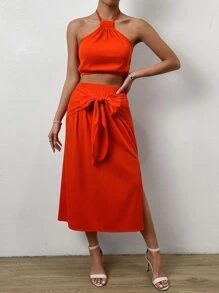 SHEIN VCAY Tie Backless Halter Top & Split Thigh Skirt - Red - View 4