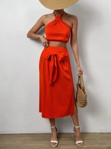 SHEIN VCAY Tie Backless Halter Top & Split Thigh Skirt - Red - View 6