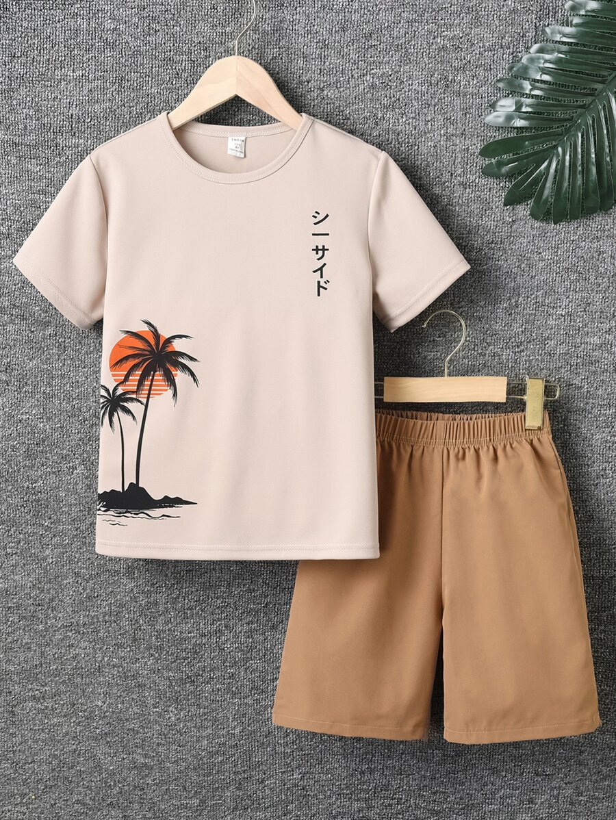 SHEIN Tween chłopiec Japońska litera & Nadruk palm Koszulka i spodenki