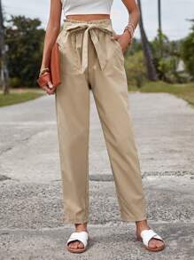 SHEIN LUNE Paperbag Waist Belted Trousers - Khaki - View 1