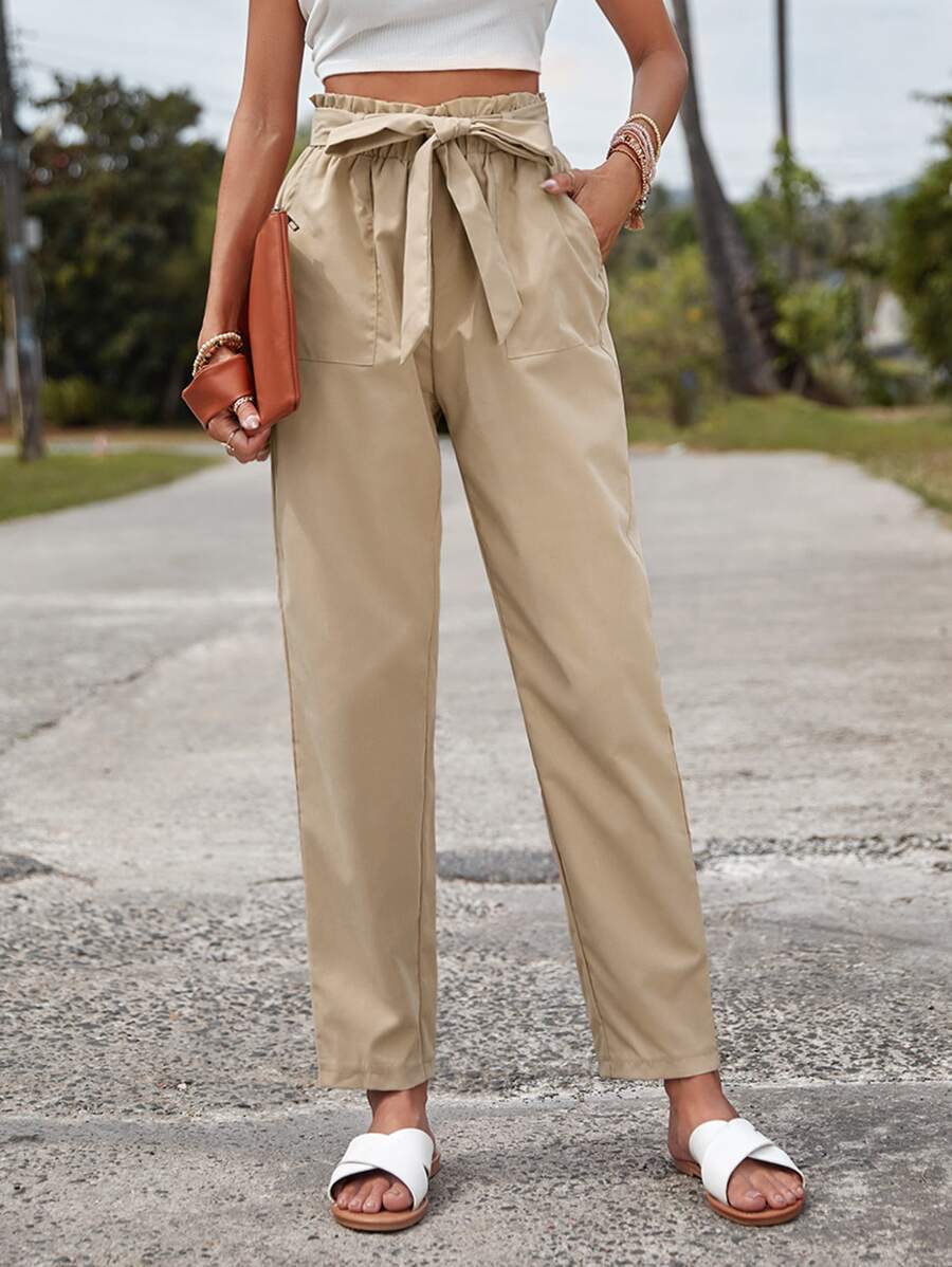 SHEIN LUNE Paperbag Waist Belted Trousers - Khaki - View 1