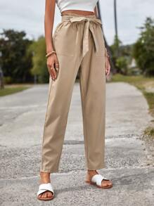SHEIN LUNE Paperbag Waist Belted Trousers - Khaki - View 4