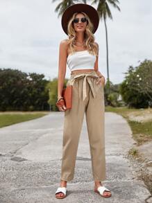 SHEIN LUNE Paperbag Waist Belted Trousers - Khaki - View 5