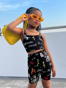 SHEIN Leap Crew 適合青少女穿著的卡通和字母印花背心上衣與摩托車短褲 - 黑色 - 查看 1