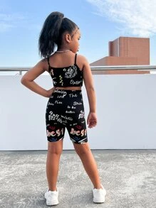 SHEIN Leap Crew 適合青少女穿著的卡通和字母印花背心上衣與摩托車短褲 - 黑色 - 查看 2