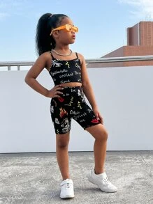 SHEIN Leap Crew 適合青少女穿著的卡通和字母印花背心上衣與摩托車短褲 - 黑色 - 查看 3