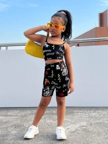 SHEIN Leap Crew 適合青少女穿著的卡通和字母印花背心上衣與摩托車短褲 - 黑色 - 查看 4