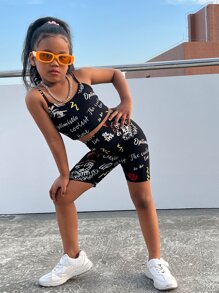 SHEIN Leap Crew 適合青少女穿著的卡通和字母印花背心上衣與摩托車短褲 - 黑色 - 查看 5