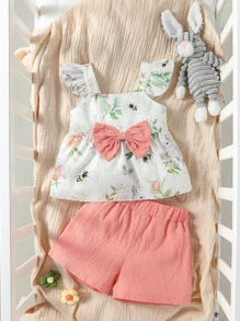 Baby Floral Print Ruffle Trim Bow Front Cami Top & Shorts - Multicolor - View 1