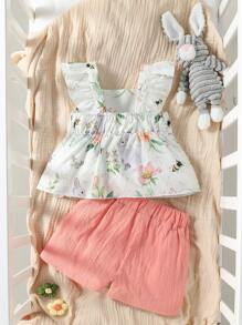 Baby Floral Print Ruffle Trim Bow Front Cami Top & Shorts - Multicolor - View 2