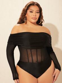 SHEIN SXY Plus Off Shoulder Mesh Panel Bodysuit - Black - View 6